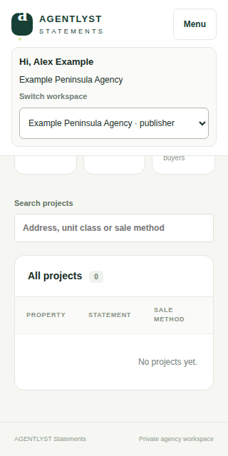 Actual mobile workspace showing Hi, Alex Example, agency identity and workspace selection.